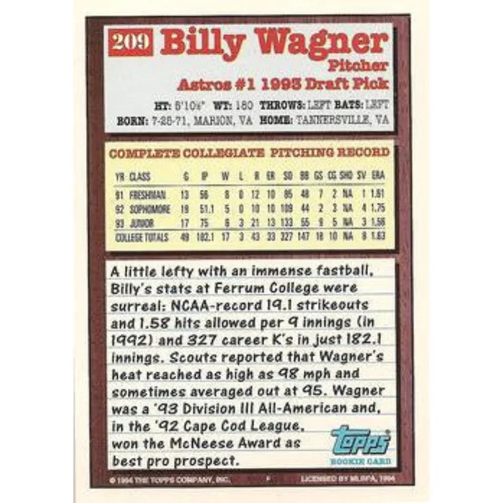 1994 Topps Billy Wagner DPK, RC # 209 Houston Astros